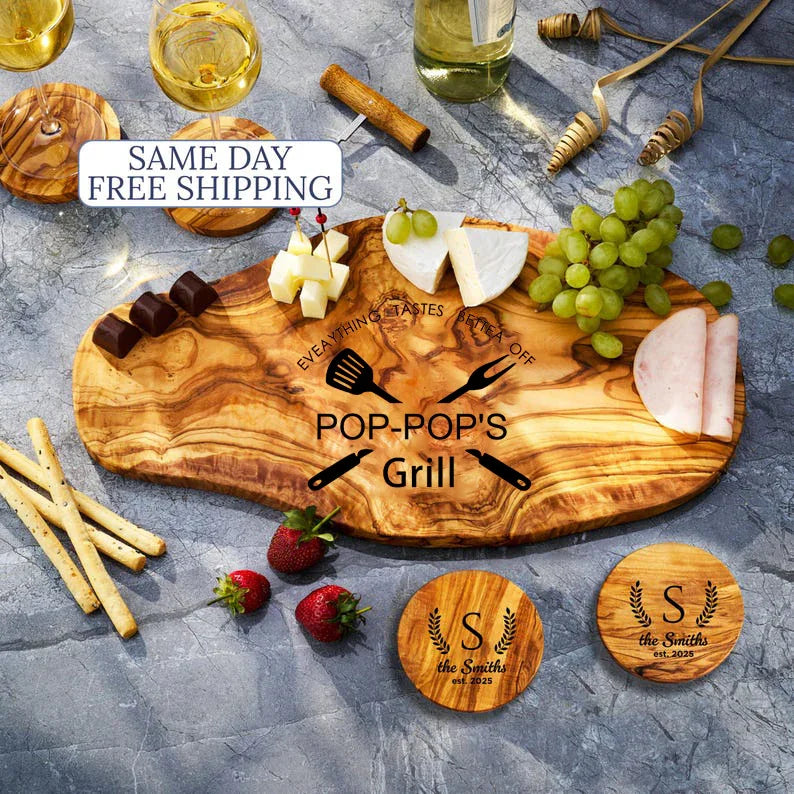 A unique gift for parents: a custom-engraved olive wood cutting board