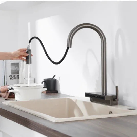 Elyseeaqua Pull Out Faucet with Single Bowl Sink Kitchen Waterfall Sprayer - Elyseeaqua