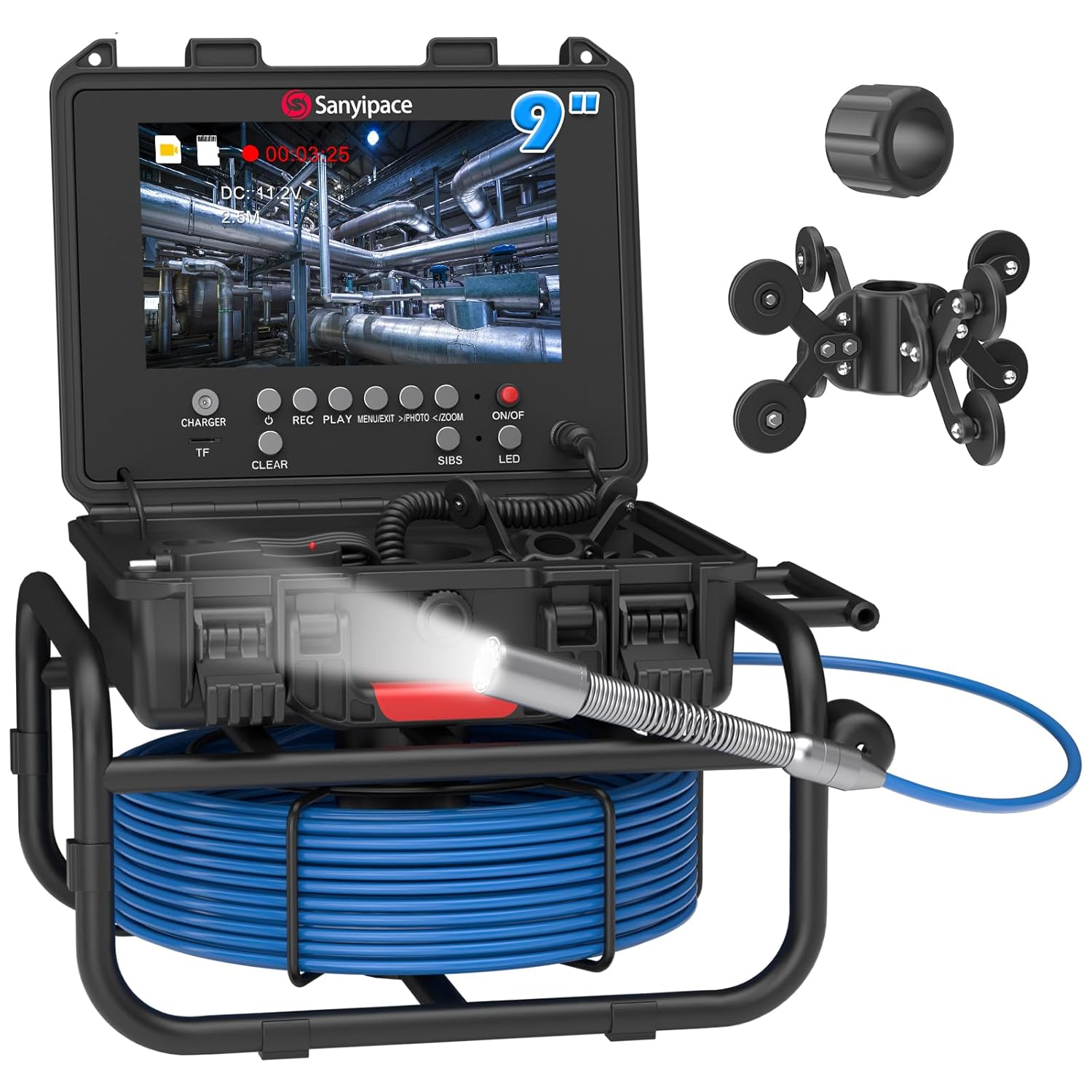 100 feet / 30 meters, 23 mm / 0.9 inches full HD sewer inspection camera, 5x zoom, distance counter, 9-inch IPS screen, digital video recorder and voice recorder, 16GB memory card, suitable for sewer lines, pipes, ventilation ducts, piping systems, p