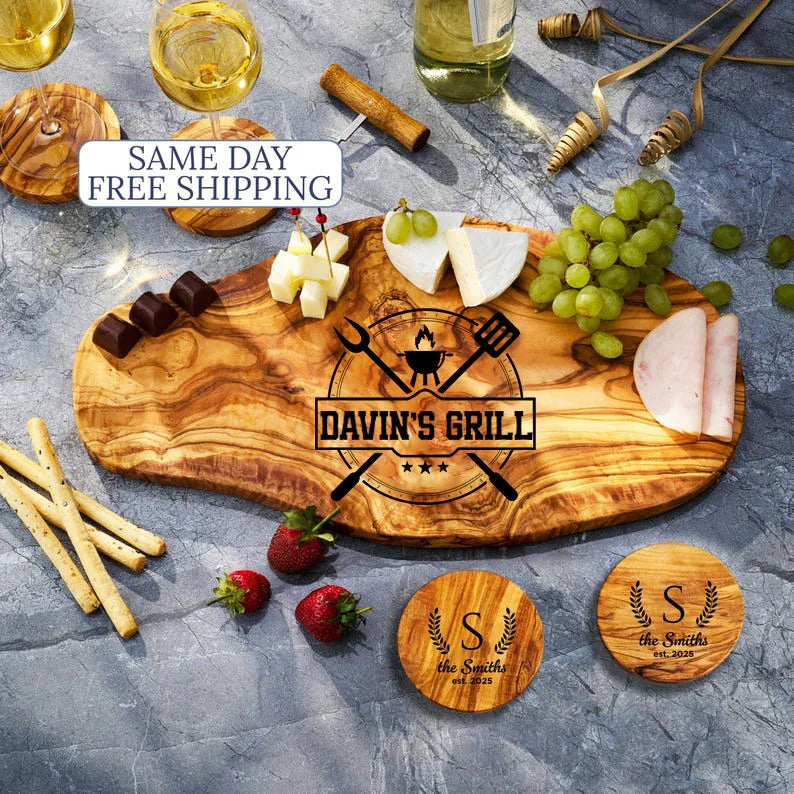 A unique gift for your boyfriend: a custom-engraved olive wood cutting board.