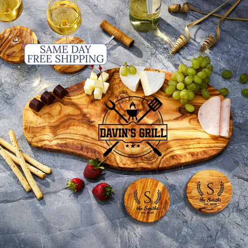 A unique gift for your boyfriend: a custom-engraved olive wood cutting board.