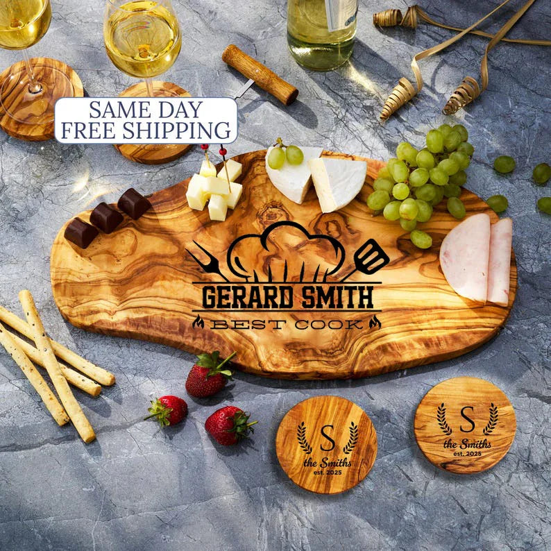 Personalized custom engraved olive wood cutting board as a gift for husband and wife