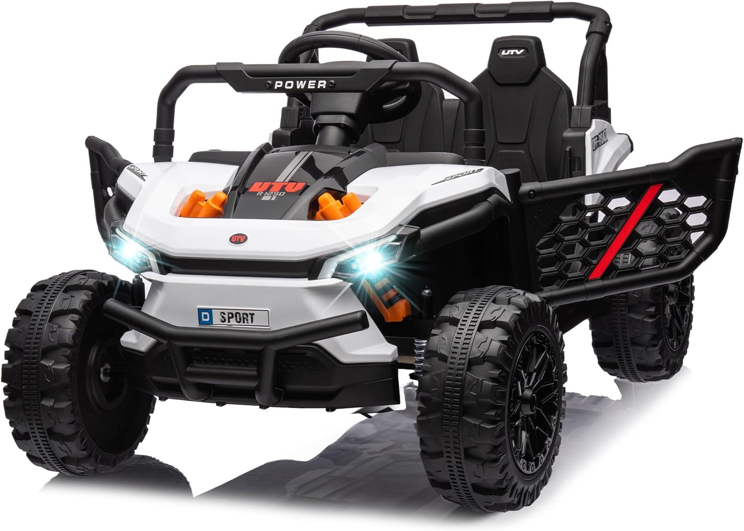 12-volt UTV scooter electric children's play vehicle, single-seat, equipped with a parent remote control, hinged doors, LED lights and Bluetooth MP3 player (white)