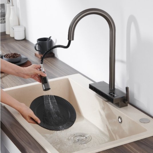 Elyseeaqua Pull Out Faucet With Single Bowl Sink Kitchen Waterfall Sprayer /