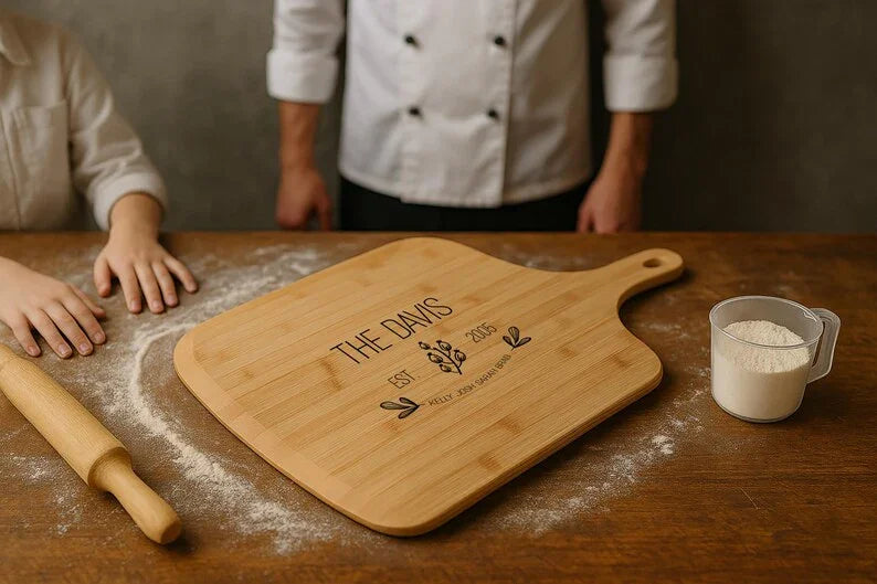 Custom engraved bamboo pizza board, a must-have for family dinners