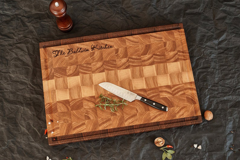 Personalized carved acacia wood cutting board, Mother's Day gift