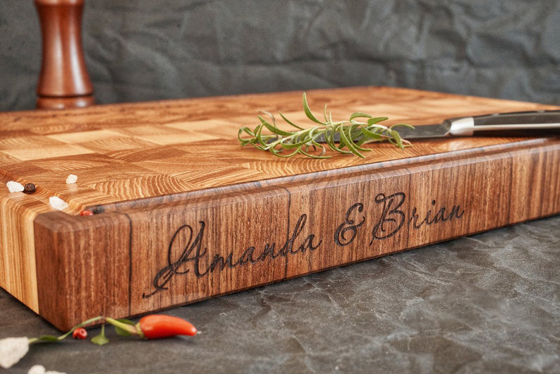 Personalized carved acacia wood cutting board, Mother's Day gift
