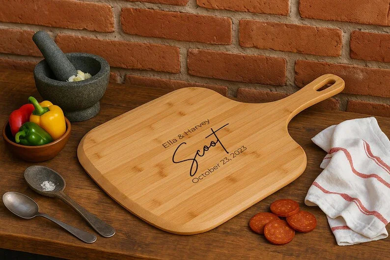 Custom engraved bamboo pizza board, a must-have for family dinners