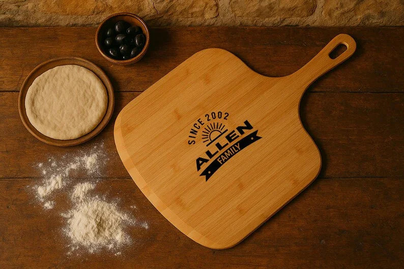 Custom engraved bamboo pizza board, a must-have for family dinners