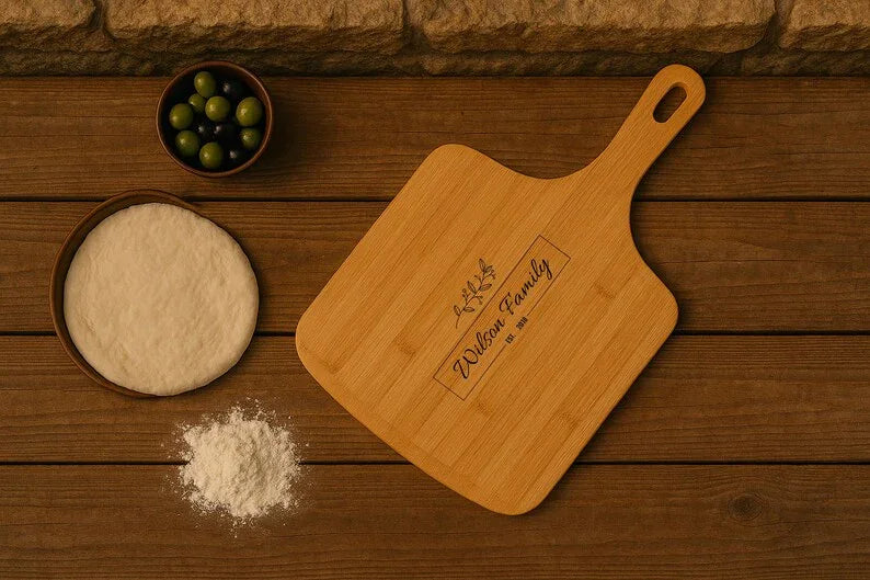Custom engraved bamboo pizza board, a must-have for family dinners
