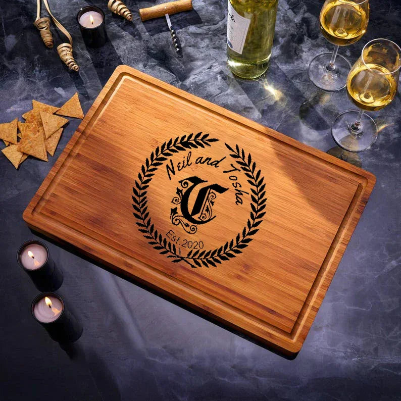 The perfect personalized engraved cutting board for a couple's engagement gift